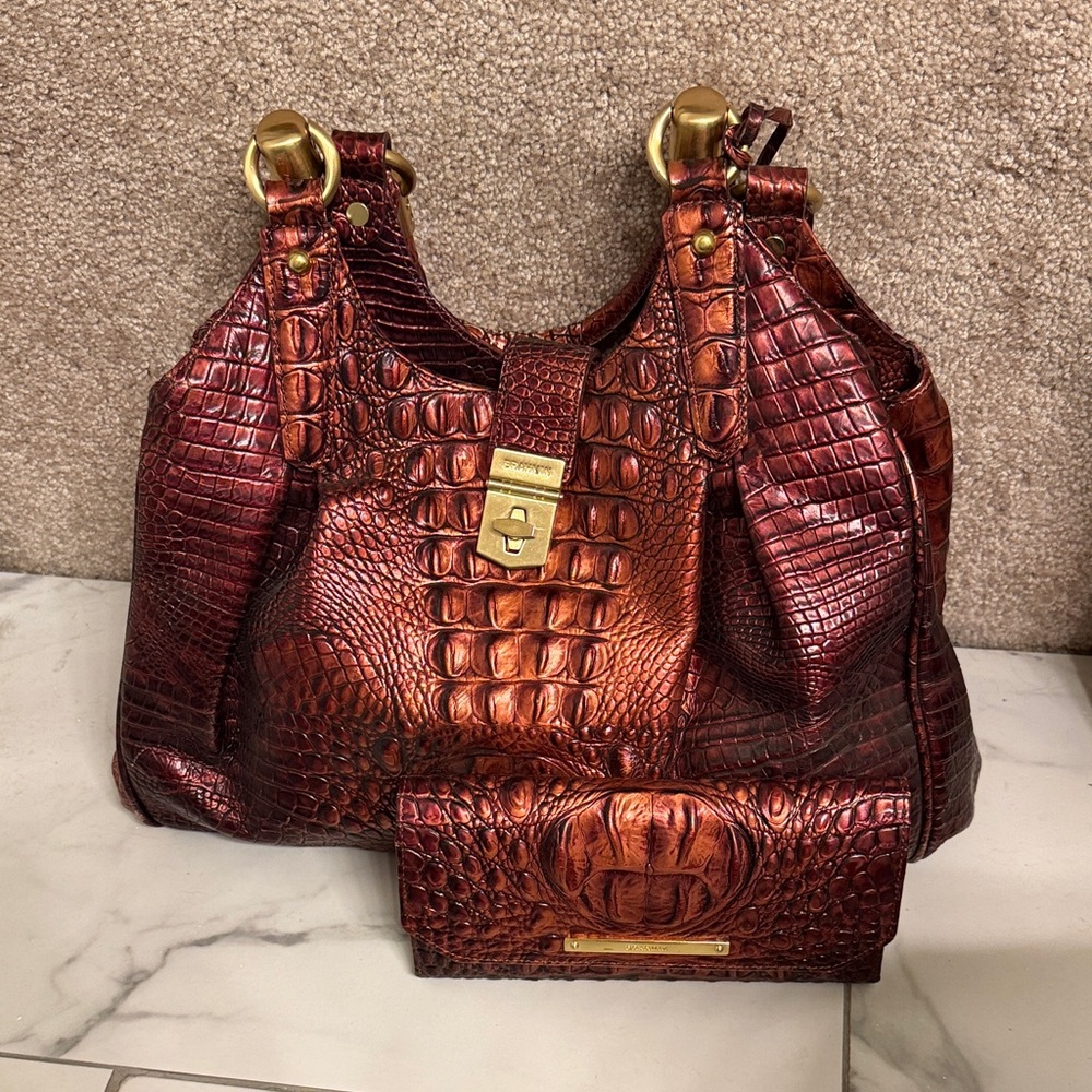 Brahmin Crocodile Embossed Shoulder Bag in Rich Brown